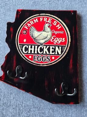 Rustic Chicken / Egg Sign on Arizona Profile, Solid Wood with Hooks